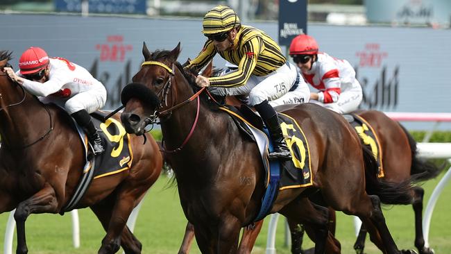 SYDNEY, AUSTRALIA - MARCH 08: Tyler Schiller riding Jedibeel   win Race 6 Schweppes Challenge Stakes during Sydney Racing at Royal Randwick Racecourse on March 08, 2025 in Sydney, Australia. (Photo by Jeremy Ng/Getty Images)