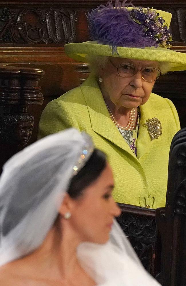 The Queen looks on at Meghan during the royal wedding in 2018. Picture: AFP