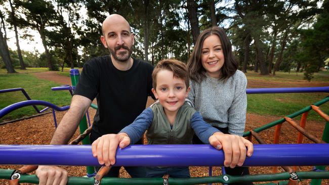 Kayla Mossuto, Piers Mossuto and their son Ned, 5. Picture: Tony Gough