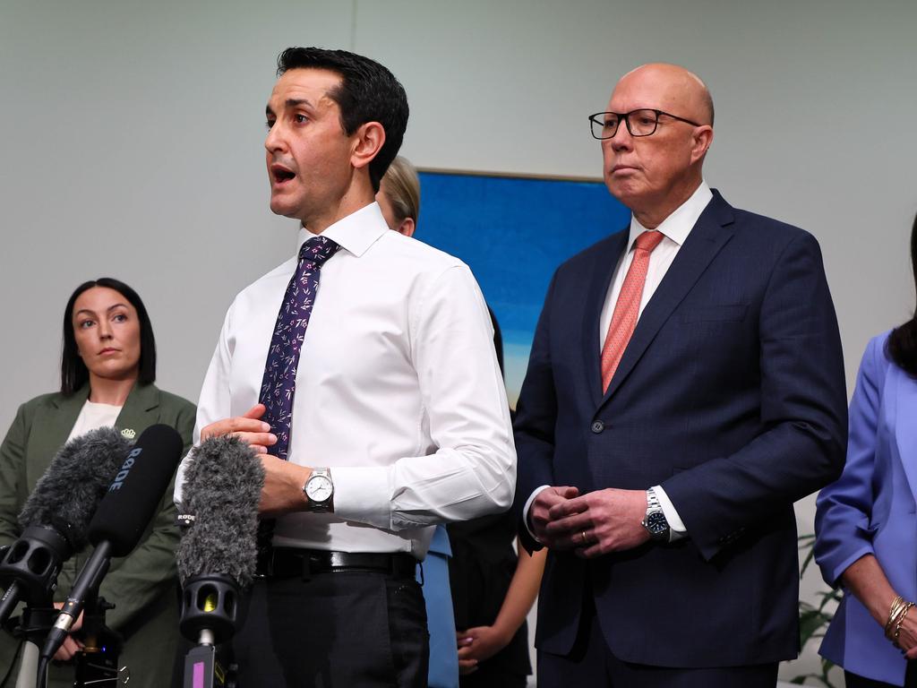 The LNP’s David Crisafulli and Peter Dutton at a press conference in Brisbane on Friday. Picture: Tertius Pickard