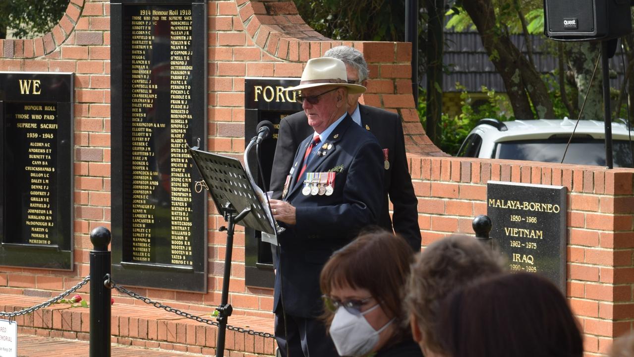 Robert Fry, President of Alstonville Sub-Branch of the RSL delivers the ANZAC Requiem during the ANZAC DAY Ceremony in Elizabeth Ann Brown Park Picture: Nicholas Rupolo.