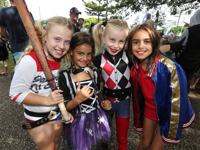 HARLEY QUINN GIRLS - Scarlett Hall, 9, Tyler Snee, 6, Caprise Duncan, 9, Chloe Snee, 9 (from Broadbeach State School) . Pic Mike Batterham