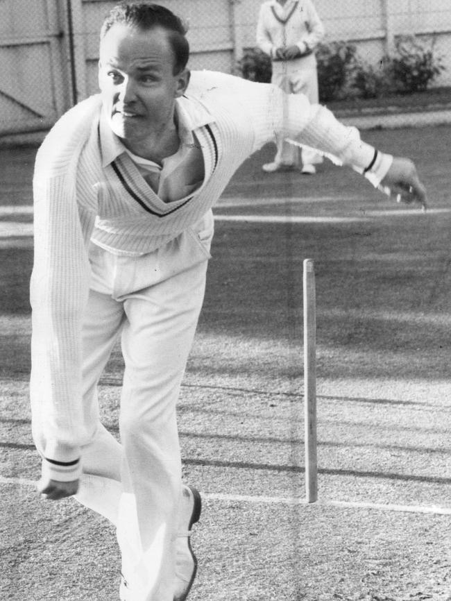 Brian Illman bowling in the Adelaide Oval nets during State team practice in 1960.