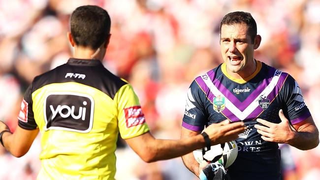 Smith was often seen talking to referees during games throughout his storied NRL career. Picture: Mark Kolbe/Getty Images