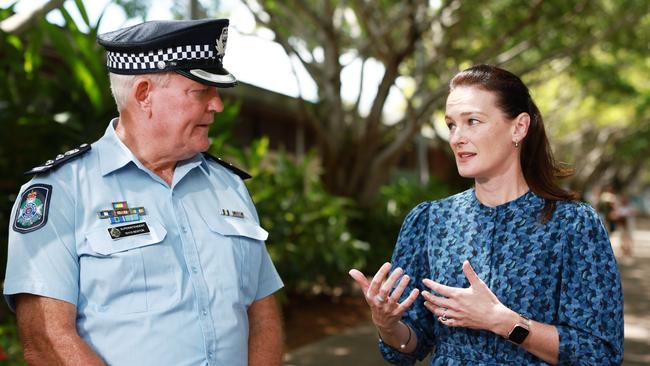 Acting Chief Superintendent Rhys Newton discusses juvenile crime with Minister for Children and Youth Justice Leanne Linard. Picture: Brendan Radke