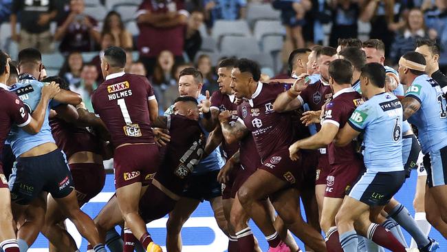 Fight during Game 2 of the State of Origin series between the NSW Blues and Queensland Maroons at ANZ Stadium. Picture. Phil Hillyard