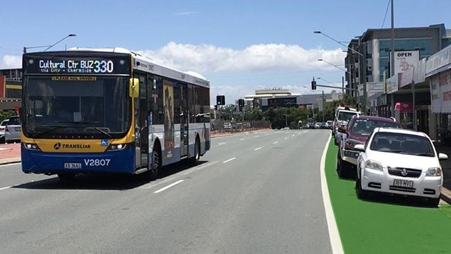 Work starts next month on the controversial Northern Transitway on Gympie Rd. The cars on the right (green area) will no longer be able to park there as that lane will be a busway.