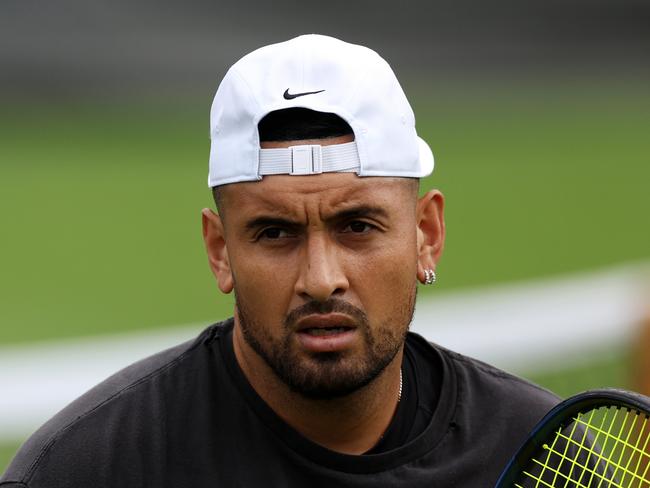 LONDON, ENGLAND - JULY 02: Nick Kyrgios of Australia looks on during a practice session ahead of The Championships - Wimbledon 2023 at All England Lawn Tennis and Croquet Club on July 02, 2023 in London, England. (Photo by Patrick Smith/Getty Images)