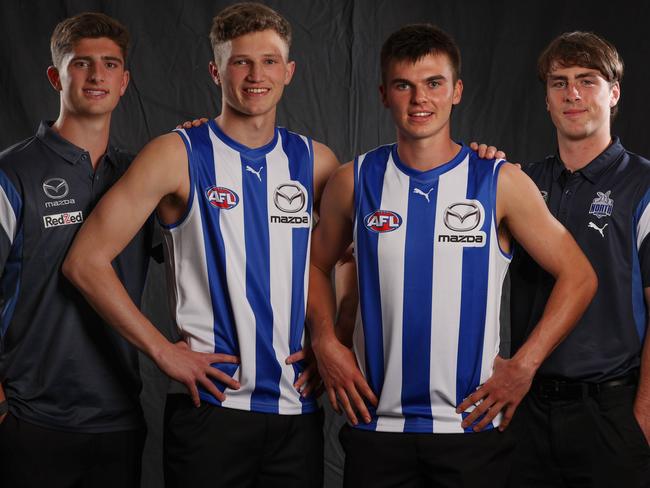 MELBOURNE, AUSTRALIA. November 20, 2023. AFL Draft at Marvel Stadium. Number 4 pick Zane Duursma (left) and Number 2 pick Colby McKercher (right) with Harry Sheezel and George Wardlaw. Pic: Michael Klein