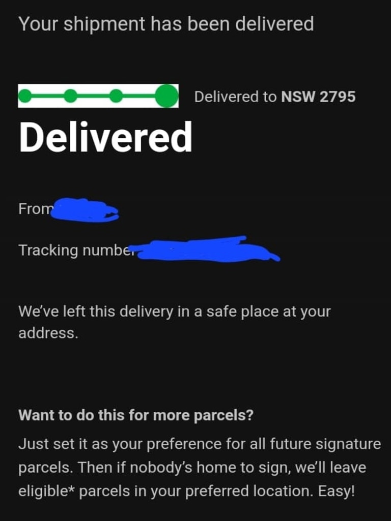 The alert from Australia Post notifying him of the delivery. Picture: Facebook / Mitch Woodhouse