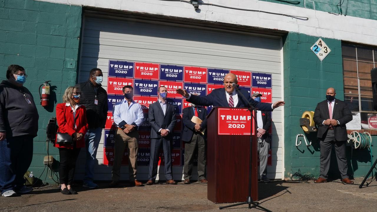 Giuliani was heavily mocked for the ‘big news conference’ held in a garden centre car park near a sex shop on Philadelphia’s outskirts last week. Picture: Bryan R. Smith/AFP