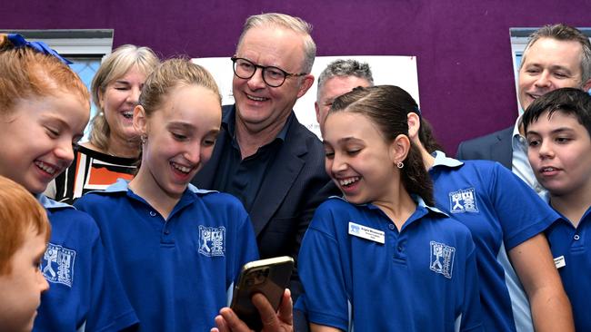 Mr Albanese with students in Darwin, where he announced a $1 billion funding deal for public schools in the Northern Territory. Photo: Lukas Coch/ Pool/ NCA NewsWire