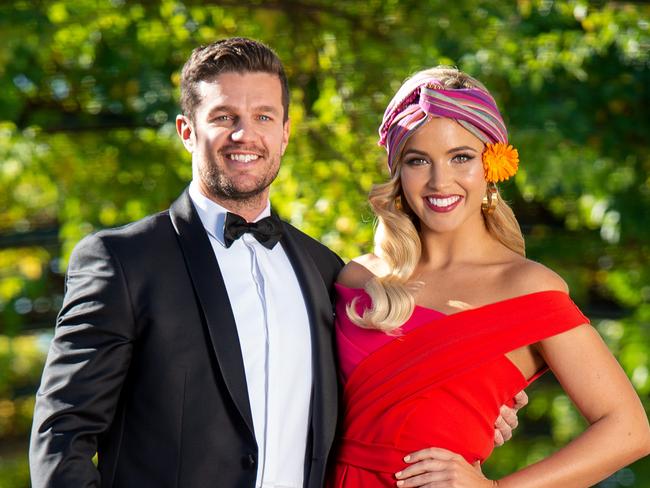 Miss Universe Australia Olivia Rogers and her partner Justin McKeone getting ready for the VRC Young Members Ball which has a Havana Nights theme. Picture: Jay Town