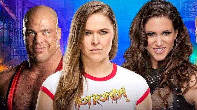 Ronda Rousey tags with Kurt Angle against Stephanie McMahon and Triple H at WrestleMania 34.