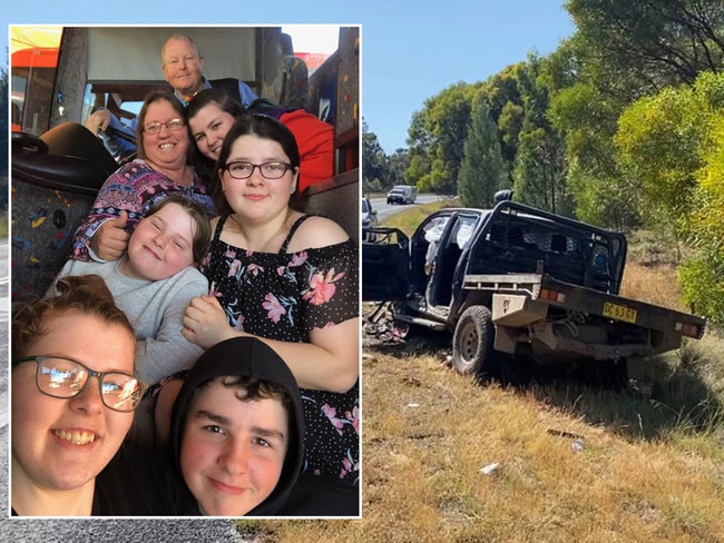 Sue Tait and her husband Graham were tragically killed when their Hiace collided head on with this Hilux, right, on the Newell Highway near Dubbo. They are pictured with their five children, Katherine, 23, Bernadette, 26, Alex, 21 Felicity, 16, and Jessica, 24. Pictures: Supplied/TNV.