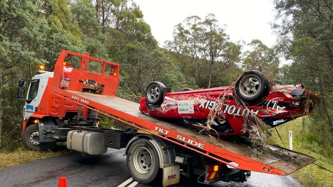 Targa Tasmania 2021. 1979 Mazda RX-7 of Shane Navin and co-driver Glenn Evans crashed 35.4 kilometres into the stage at approximately 10am this morning. Medical teams were immediately dispatched to attend the scene of the accident but were unable to revive Shane, who died at the scene. Co-driver Glenn Evans, was assessed by the attending medical crew and cleared of injuries. Picture: James Bresnehan