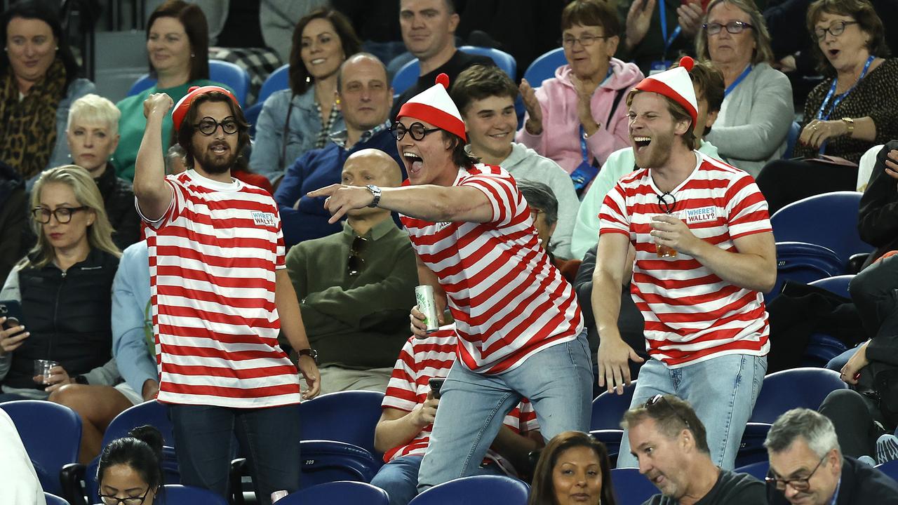 Fans in the crowd dressed up in 'Where's Wally?' costumes are seen during the round two singles match between Novak Djokovic of Serbia and Enzo Couacauo of France on Rod Laver Arena during day four of the 2023 Australian Open at Melbourne Park on January 19, 2023 in Melbourne, Australia. (Photo by Darrian Traynor/Getty Images)