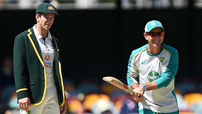 Australian coach Justin Langer, right, with Test captain Tim Paine