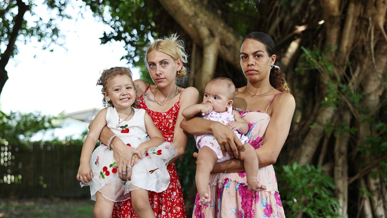 Friends Jade Atkinson, daughter Poppy, 1, baby Ava McGreen,5 months, and Faith McGreen attended the service in Murray Street Park. Picture: Brendan Radke