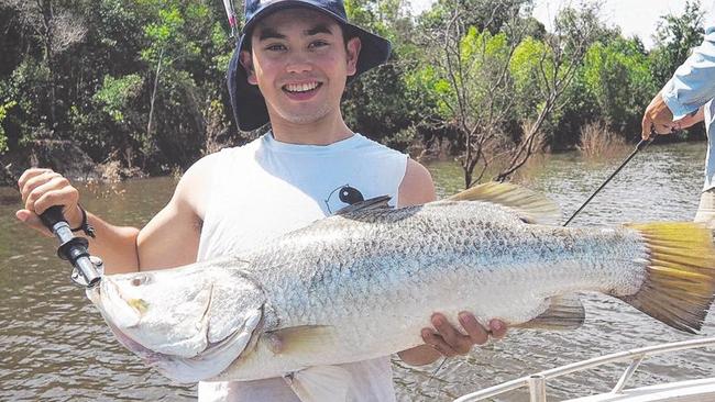 Max Stretton was elated to land this 91cm barra at Buffalo Creek