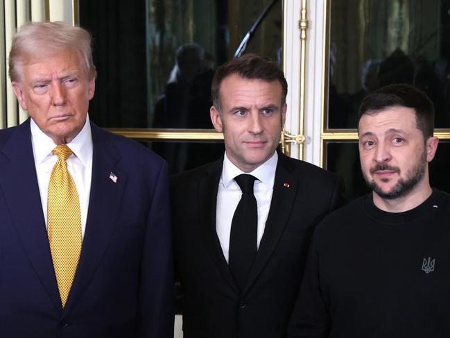 PARIS, FRANCE - DECEMBER 7: French President Emmanuel Macron and Ukrainian president Vladimir Zelenskyy meets with President-Elect Donald Trump at the Elysee Palace on December 7, 2024 in Paris, France. Donald Trump was among the wave of foreign dignitaries descending on Paris this weekend to attend a reopening ceremony at Notre-Dame Cathedral, more than five years after it was damaged in a major fire. (Photo by Oleg Nikishin/Getty Images)