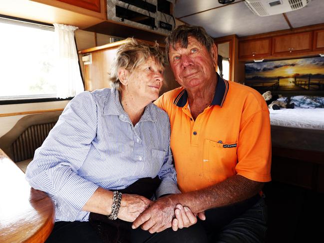 Fay and Zed Frazer slept inside their camper van at Broadmarsh Hall after they had to evacuate their Bluff Road home in Pelham. Picture: ZAK SIMMONDS