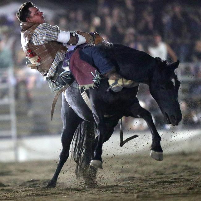 Headed for the dust in the saddle bronc ride. Picture: Yuri Kouzmin