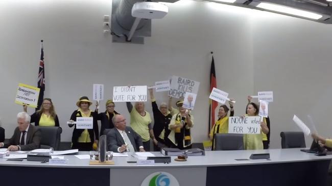 Knitting nannas interrupt the first NSW Mid Coast Council meeting. Picture: YouTube / thefrackman1