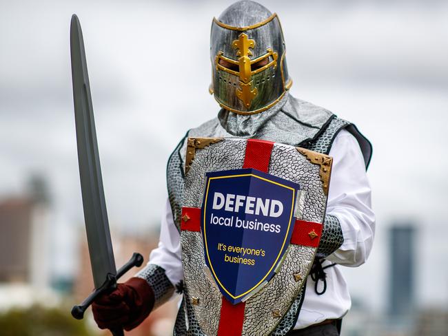 Colin Shearing with his sword and helmet on March 4, 2022. Colin is running as an independent for the Upper House in the State Election. His platform is crusading for small business. Picture Matt Turner.