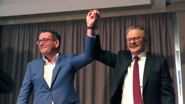 Premier Daniel Andrews and PM Anthony Albanese at the Victorian Labor Party conference at Moonee Valley racecourse on Saturday. Picture: NCA NewsWire / David Crosling