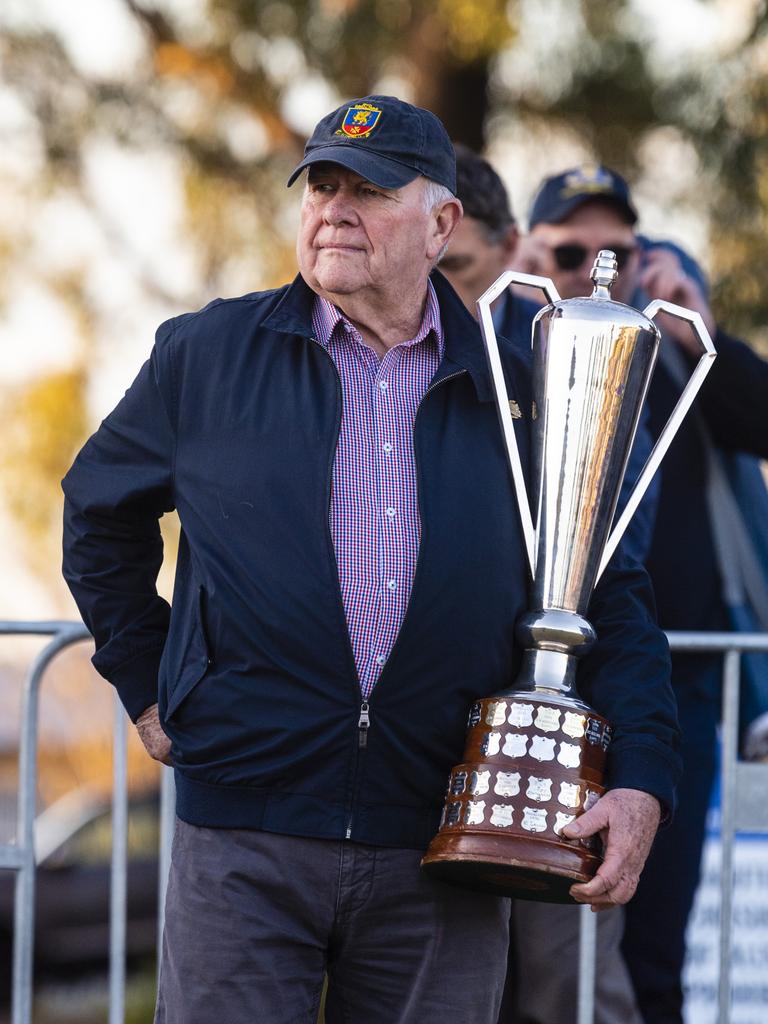 Patric O'Callaghan holds the O'Callaghan Cup on Grammar Downlands Day at Downlands College, Saturday, August 6, 2022. Picture: Kevin Farmer