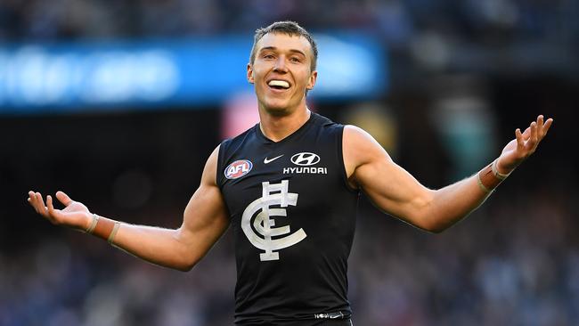 Patrick Cripps of the Blues reacts after kicking a goal in the last quarter during the Round 12 AFL match between the Carlton Blues and the Brisbane Lions at Marvel Satdium in Melbourne, Saturday, June 8, 2019. (AAP Image/Julian Smith) NO ARCHIVING, EDITORIAL USE ONLY