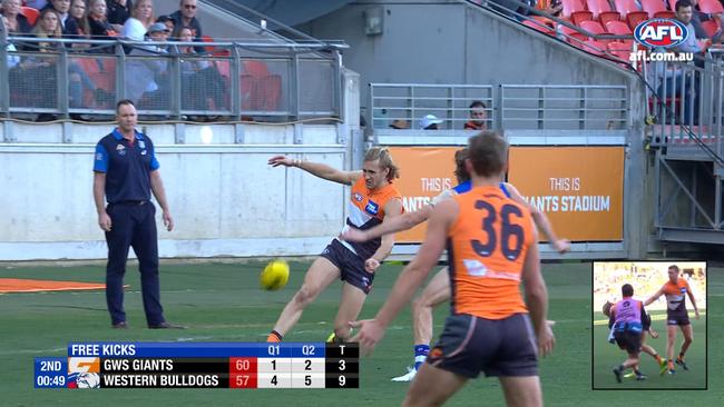 Nick Haynes disposes of the footy as Marcus Bontempelli approaches. Pic: afl.com.au