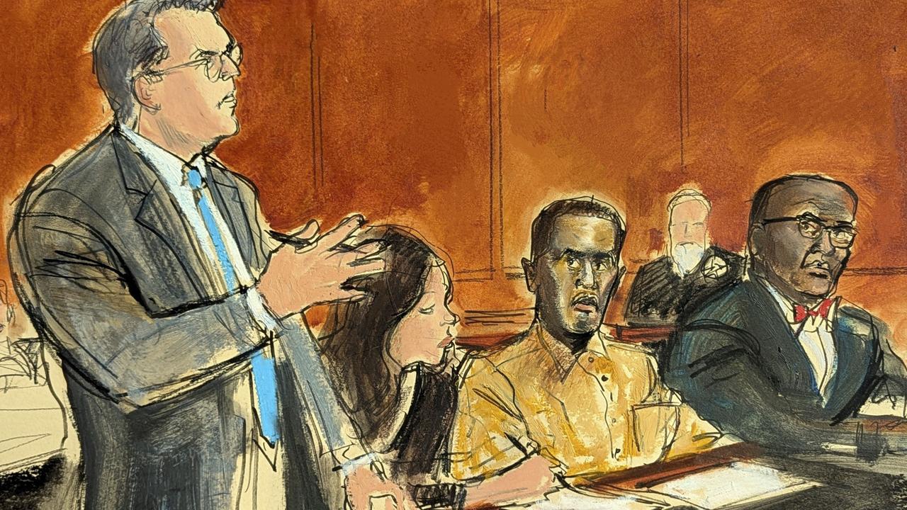 In this courtroom sketch, Sean “Diddy” Combs, second from right, appears in prison uniform. Picture: AP