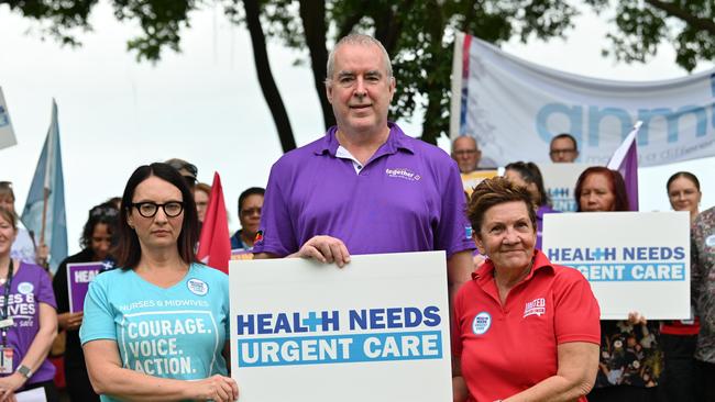 Kate Veach, Together union Queensland senior vice-president Dr Sandy Donald and Trish Berrill. Picture: Emily Barker