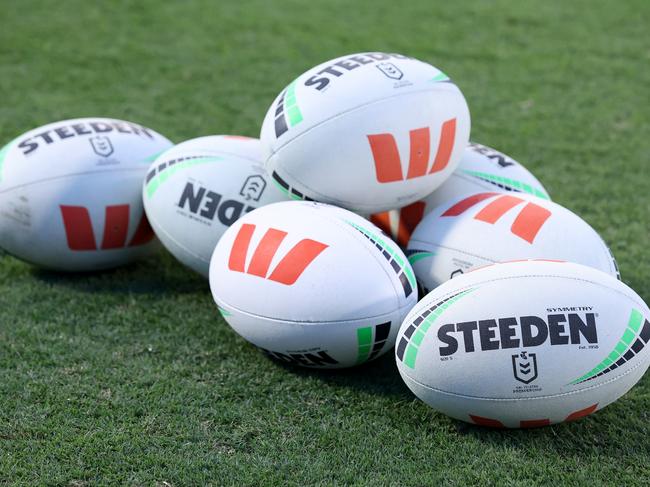 WOLLONGONG, AUSTRALIA - APRIL 19:  Steeden NRL footballs are seen before the round seven NRL match between St George Illawarra Dragons and New Zealand Warriors at WIN Stadium on April 19, 2024, in Wollongong, Australia. (Photo by Mark Kolbe/Getty Images)