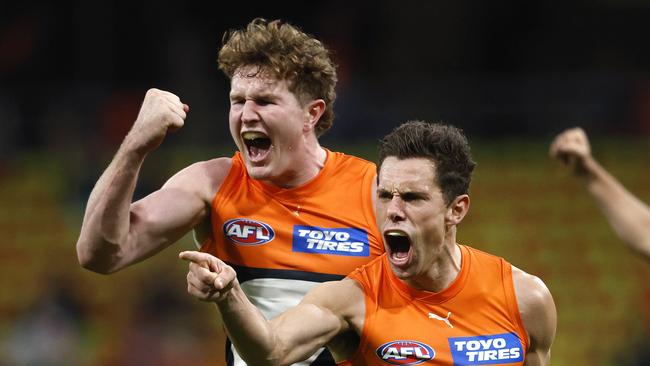 Giants Josh Kelly celebrates kicking a goal  with Tom Green during the AFL Round 14 AFL match between the GWS Giants and Port Adelaide Power at Engie Stadium, Sydney on June 16, 2024.. Photo by Phil Hillyard(Image Supplied for Editorial Use only - **NO ON SALES** - Â©Phil Hillyard )