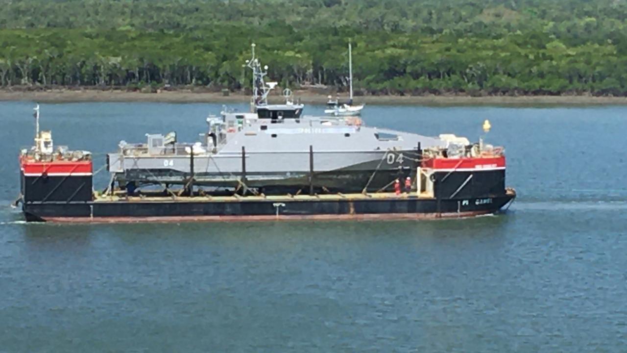 Guardian-class patrol boat, the Nafanua II being towed up Trinity Inlet in 2022.