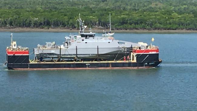 Guardian-class patrol boat, the Nafanua II being towed up Trinity Inlet in 2022.