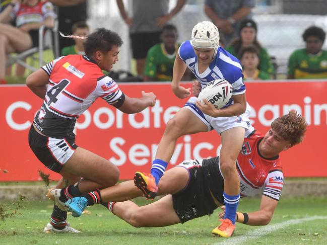 Kirwan High against Ignatius Park College in the Northern Schoolboys Under-18s trials at Brothers Rugby League Club in Townsville. Lincoln Baker tackled by Taakoi Benioni (L) and Heath Bethel (R). Picture: Evan Morgan