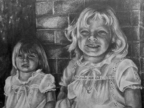 A sketch of Lyn Dawson's daughters Shanelle and Sherryn, then aged four and two, by Sydney artist Kristin Hardiman in 1982.