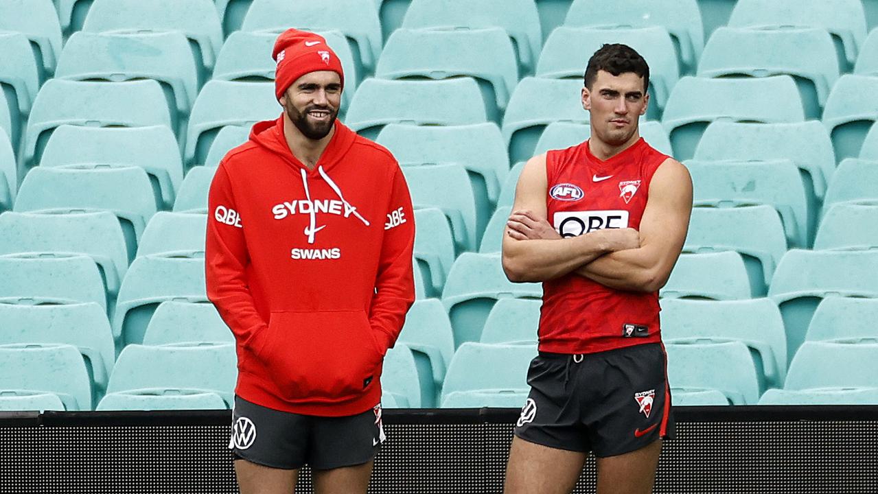 Paddy McCartin and Tom McCartin during Sydney Swans training at the SCG on April 20, 2023. Photo by Phil Hillyard