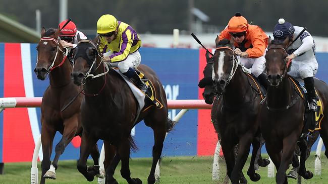 Willaidow (yellow and purple) is urged to victory by Tyler Schiller in the Group 3 Southern Cross Stakes at Rosehill. Picture: Jeremy Ng/Getty Images