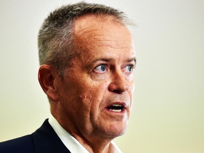 Leader of the opposition Bill Shorten addresses the media as he was in Townsville visiting volunteers from the Salvation Army in Condon. Picture: Zak Simmonds