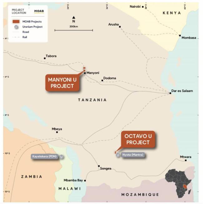 The Manyoni and Octavo projects. Pic: Moab Minerals