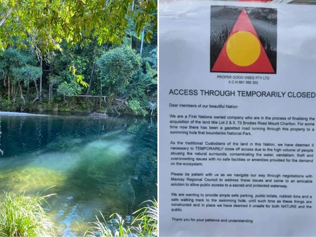 The company has “temporarily” closed the gate on a public road leading to Camerons Pocket waterhole in the Eungella National Park.