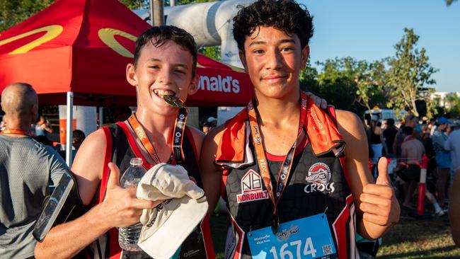 Thomas Fabila and Sydney-Jack Baker giving a thumbs up after completing the 4km. Picture: Pema Tamang Pakhrin.