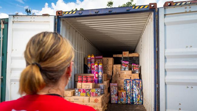 An employee of Fireworks Warehouse stands in front of one of their three containers full of fireworks. They think Cracker Night should go ahead. Picture: Che Chorley