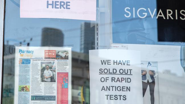 Rapid antigen tests have sold out in most chemists in Victoria. Picture: NCA NewsWire/Sarah Matray