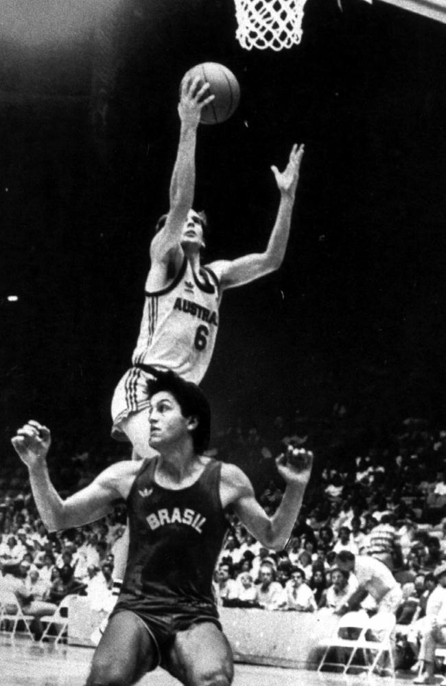 Star ... Phil Smyth goes to the basket for Australia against Brazil at the Los Angeles Olympics in 1984.